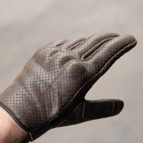 Thumpa's — Short Cuff Summer Motorbike Gloves — Perforated Retro Brown Distressed Leather