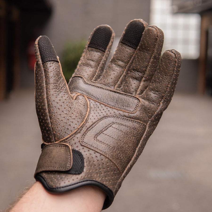 Thumpa's — Short Cuff Summer Motorbike Gloves — Perforated Retro Brown Distressed Leather