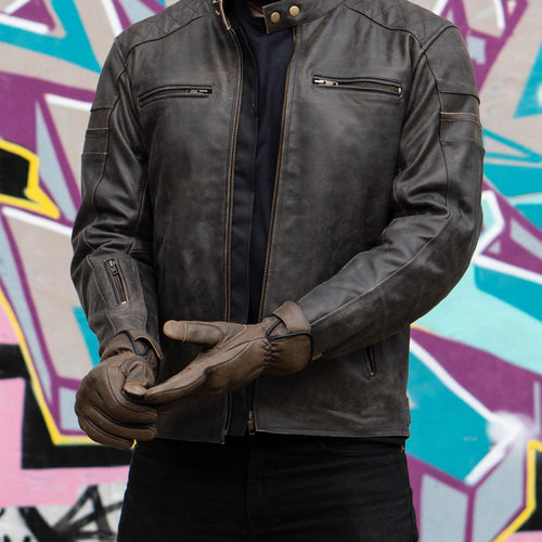 'ol Bobber' — Classic Leather Motorbike Jacket — Distressed Charcoal Brown Full Grain Leather