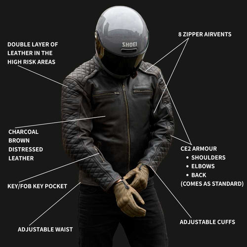 GEN 2 'ol Bobber' — Diamond Quilted Premium Motorbike Jacket — Distressed Charcoal Brown