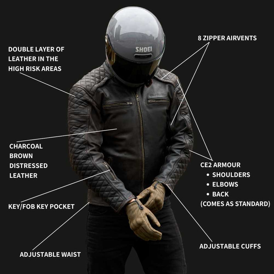 GEN 2 'ol Bobber' — Diamond Quilted Premium Motorbike Jacket — Distressed Charcoal Brown