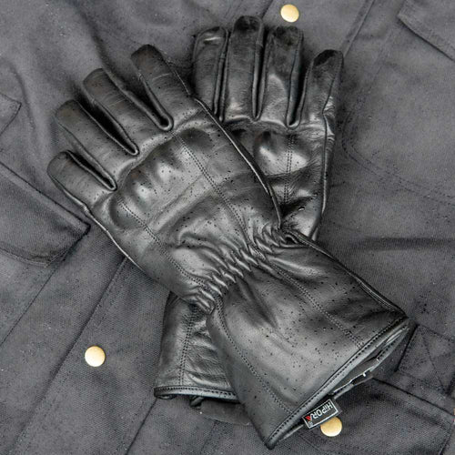GEN 2 'The Classic' Double Length Gauntlet — Extra Long Warm Motorbike Gloves — Black Leather